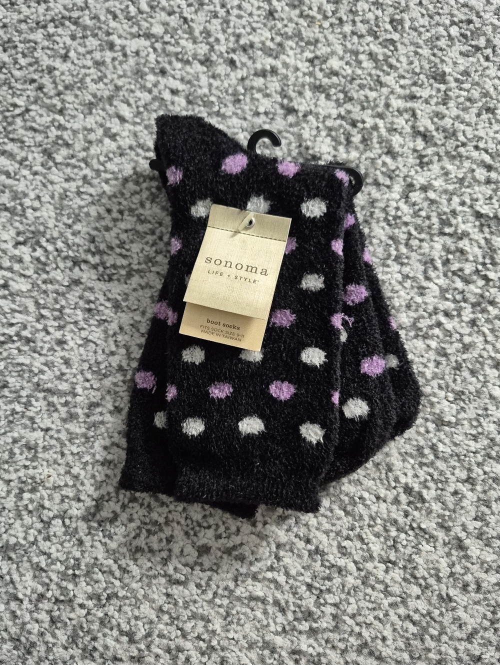 Sonoma Black Fuzzy Polka Dot Boot Socks with Lavender and White Dots